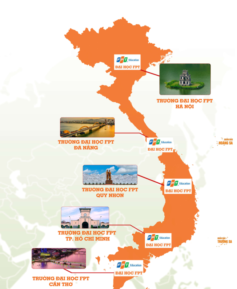 Đại học FPT có campus tại 3 miền với 5 cơ sở ở 5 thành phố lớn: Hà Nội, Đà Nẵng, TP Hồ Chí Minh, Cần Thơ và Quy Nhơn.