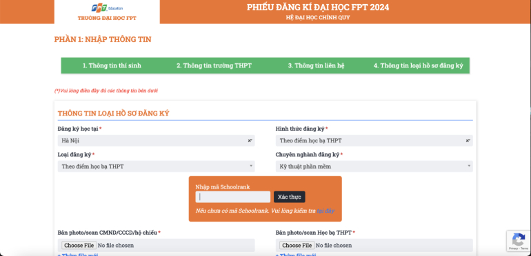 Thí sinh cần nhập đầy đủ các thông tin theo yêu cầu và kiểm tra điểm học bạ thông qua mã SchoolRank đã được cấp