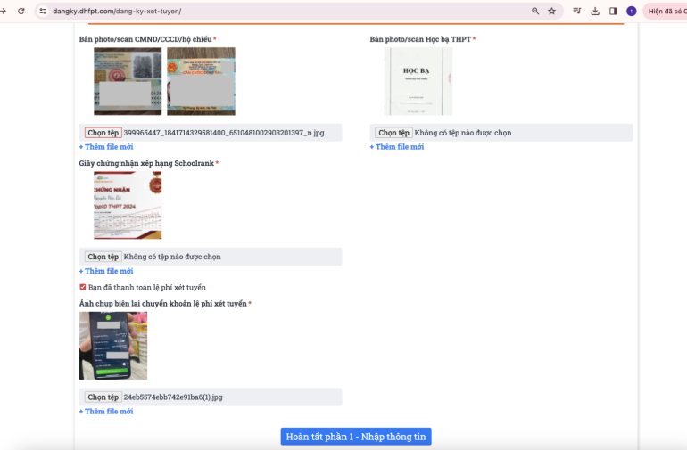 Thí sinh upload hình ảnh minh chứng để hoàn tất phần nhập thông tin